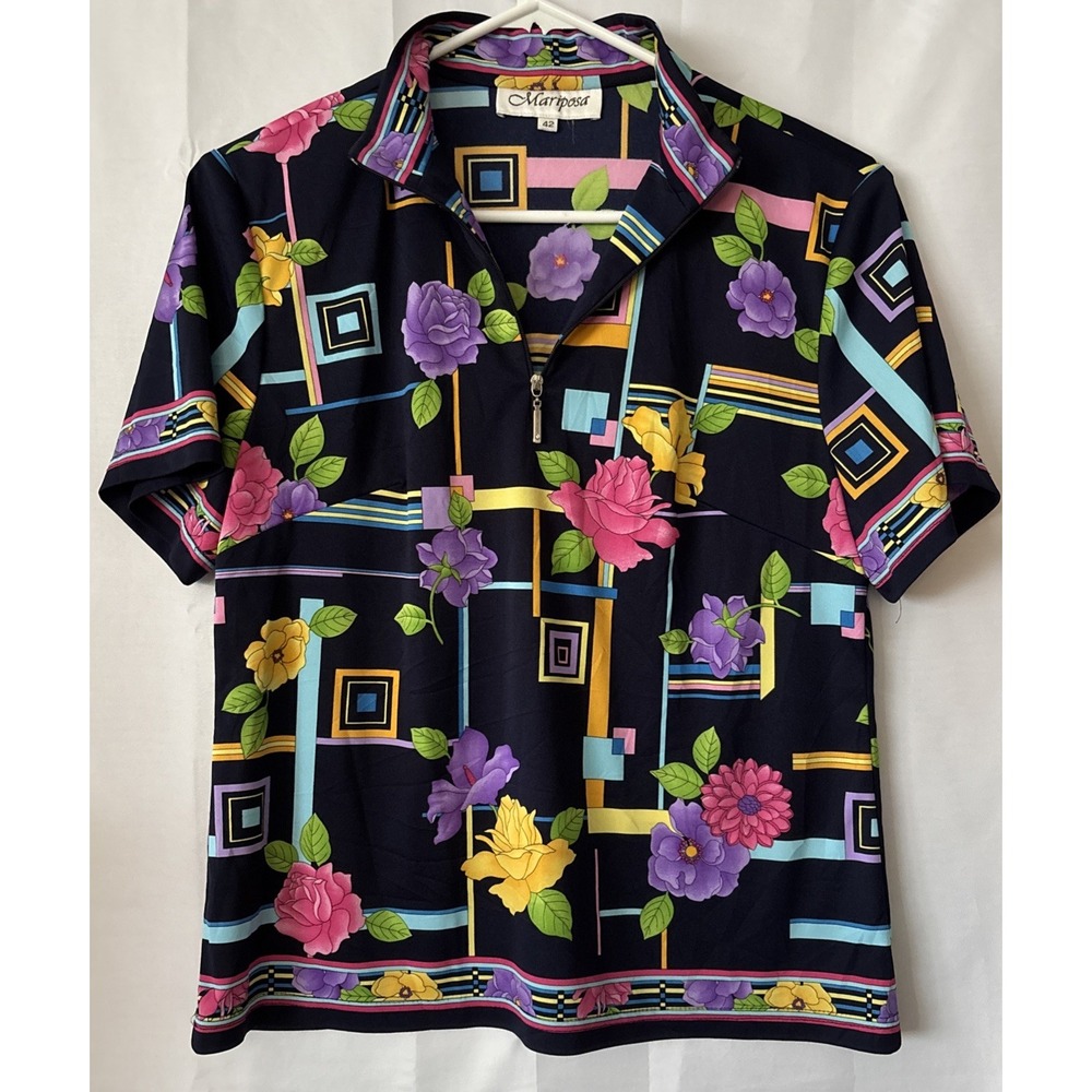 Mariposa Women's Flower Geometric 1/4 Zip Cool Funky Shirt Blouse Boho Beach